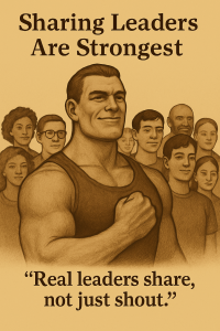 Sepia vintage illustration of a muscular man leading a group, symbolizing strength, leadership, and empathy in a classic style
