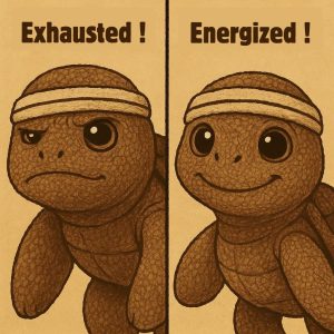 Split image of two cartoon turtles wearing headbands—one looks exhausted, the other looks energized, illustrating the difference between overtraining and balanced vitality.