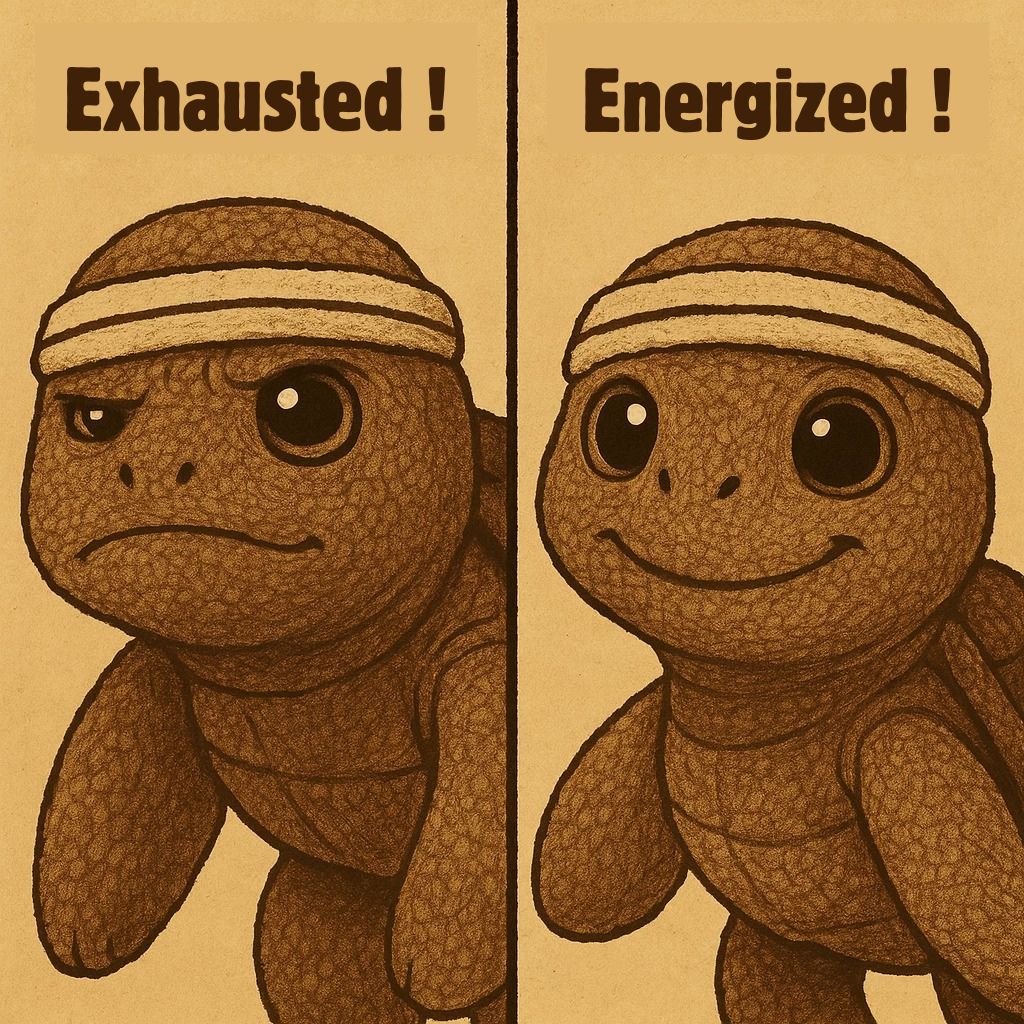 Split image of two cartoon turtles wearing headbands—one looks exhausted, the other looks energized, illustrating the difference between overtraining and balanced vitality.